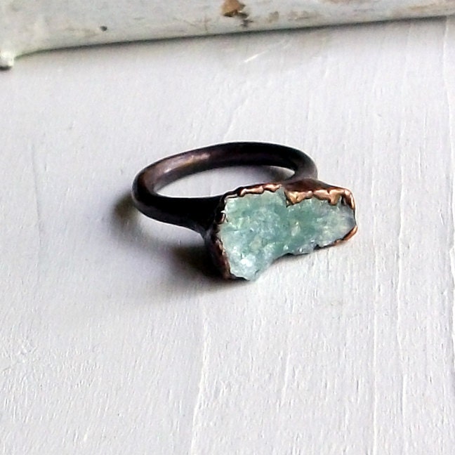 Copper Ring Aquamarine Ring Sky Blue Green Organic Raw Artisan Handmade