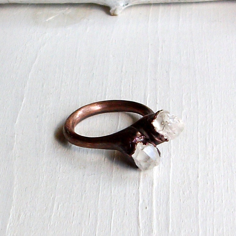 Copper Ring Raw Quartz Crystal Ice Natural Gem Stone Patina Artisan Handmade