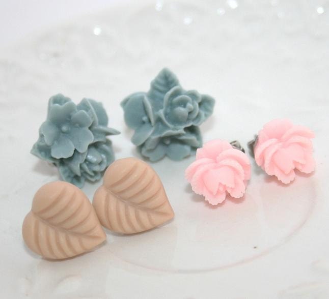 Shabby Chic Earrings, Flower Post set, Summer Flower Studs Set (3), Dusty Blue, Pale Pastel Pink, Earring Trio -Etsy Gift