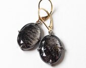 Black Rutile Quartz Sterling Silver Earrings Oval Faceted