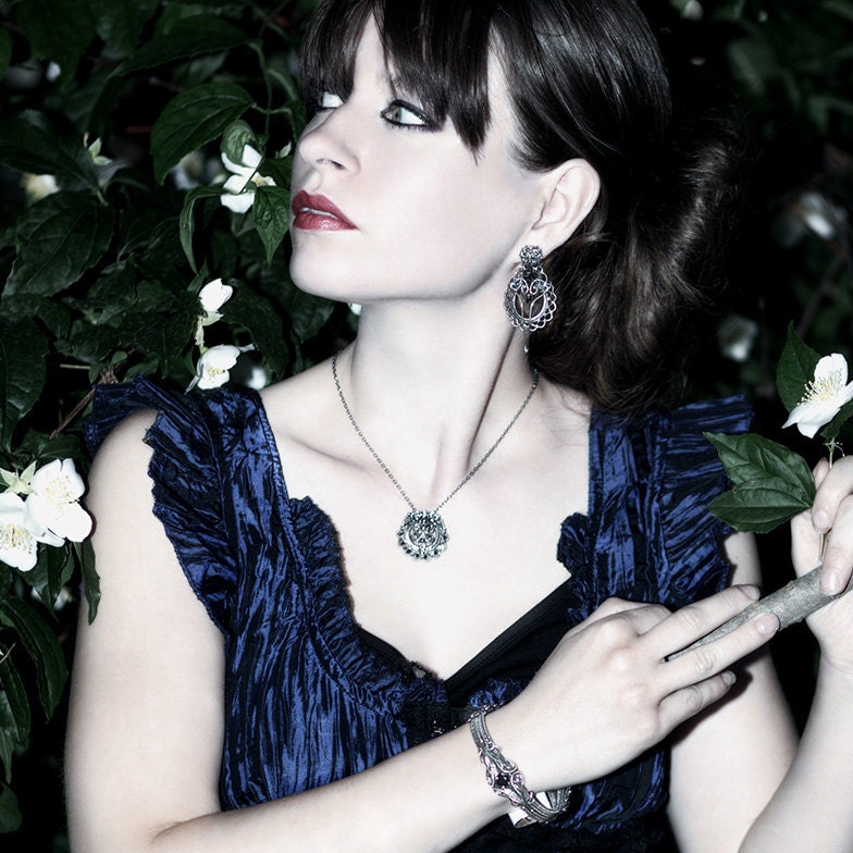 Rough Faceted Black Diamond Necklace , Fine Silver Necklace - Ruffles & Lace Medallion