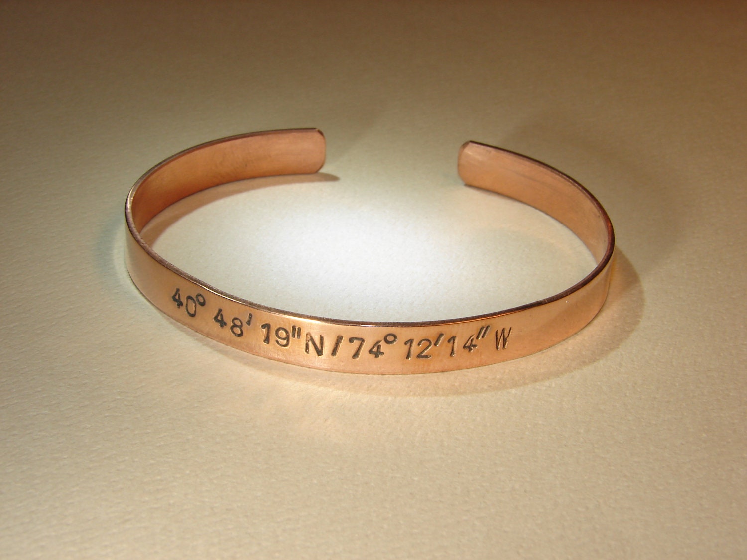 Copper latitude longitude cuff bracelet personalized with your special coordinates