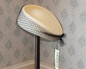 Vintage Counter Fit by Frank Olive 1950s Ivory Straw Hat with Black Netting