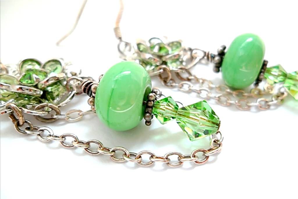 Green Lampworked Beads and Swarovski Crystals Dangle Filagree and Chain Earrings/Spring/Mothers Day - DarlenesGlassGarden