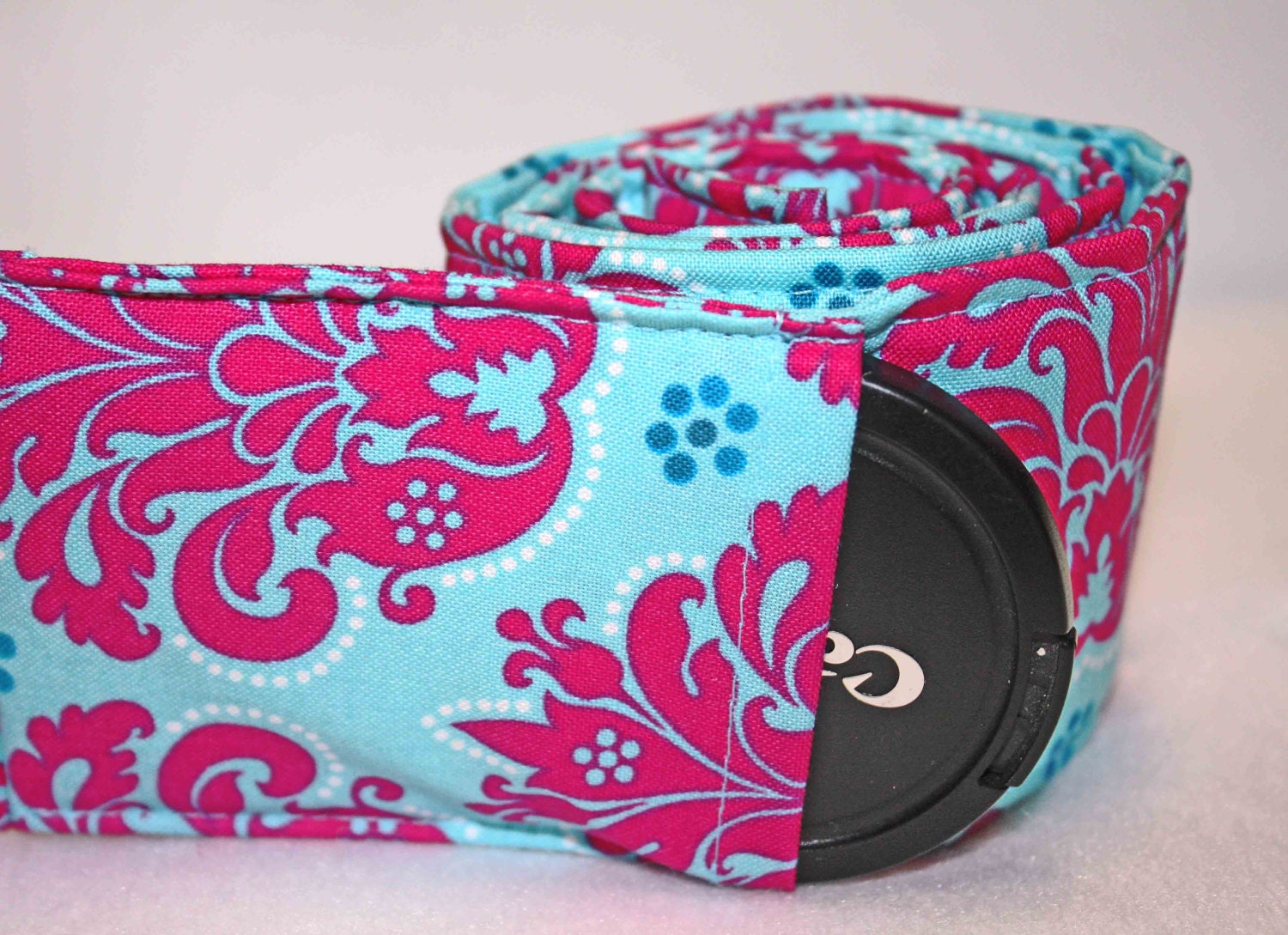 Camera Strap Pink and Turqoise Damask WITH LENS CAP pocket