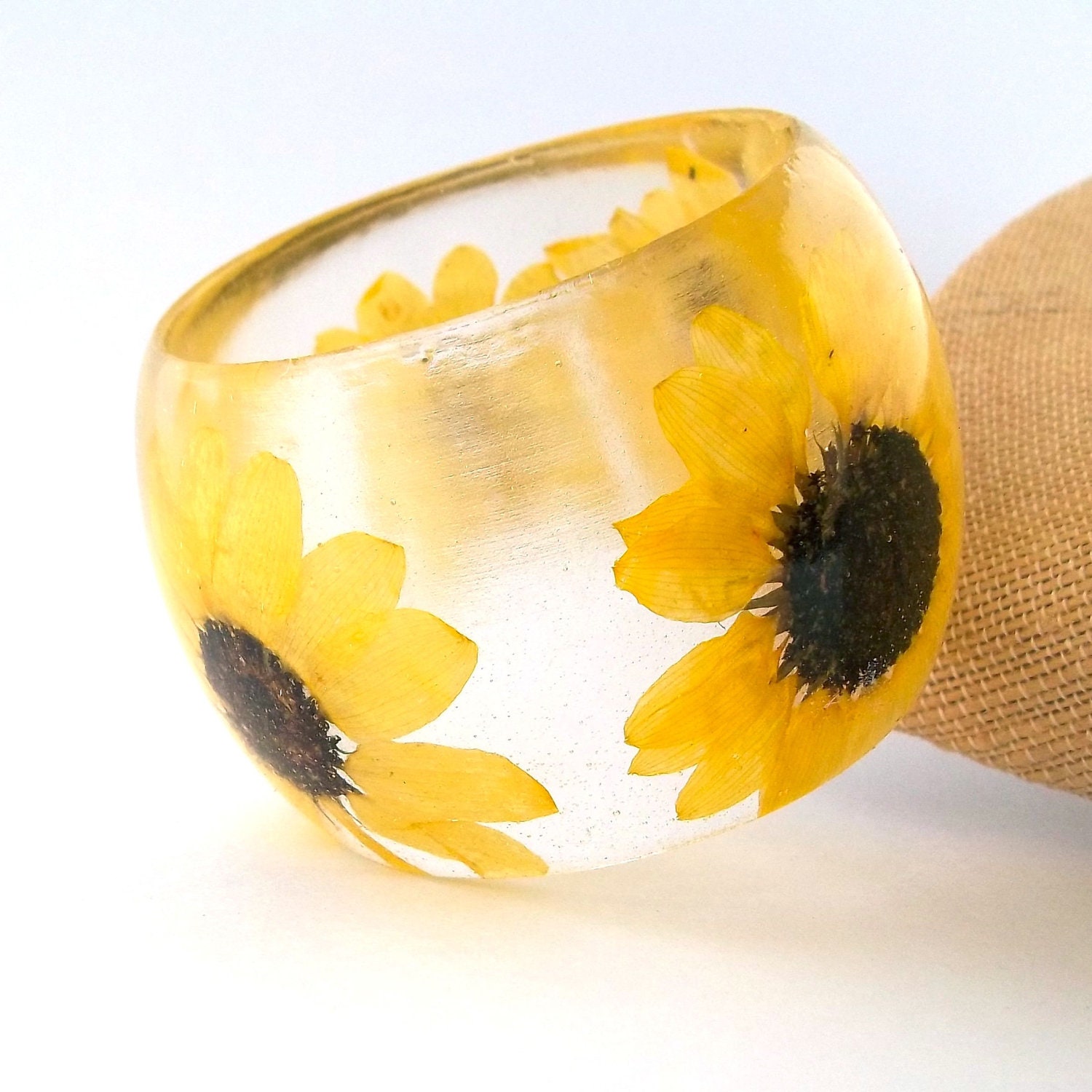 Sunflower Bangle -  Super Chunky Statement Bangle.  Yellow Botanical Resin Bracelet.  Pressed Flower  Bangle with Real Flowers.