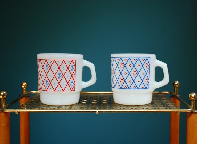 Vintage Set of Two Milk Glass Mugs with Floral Graphics