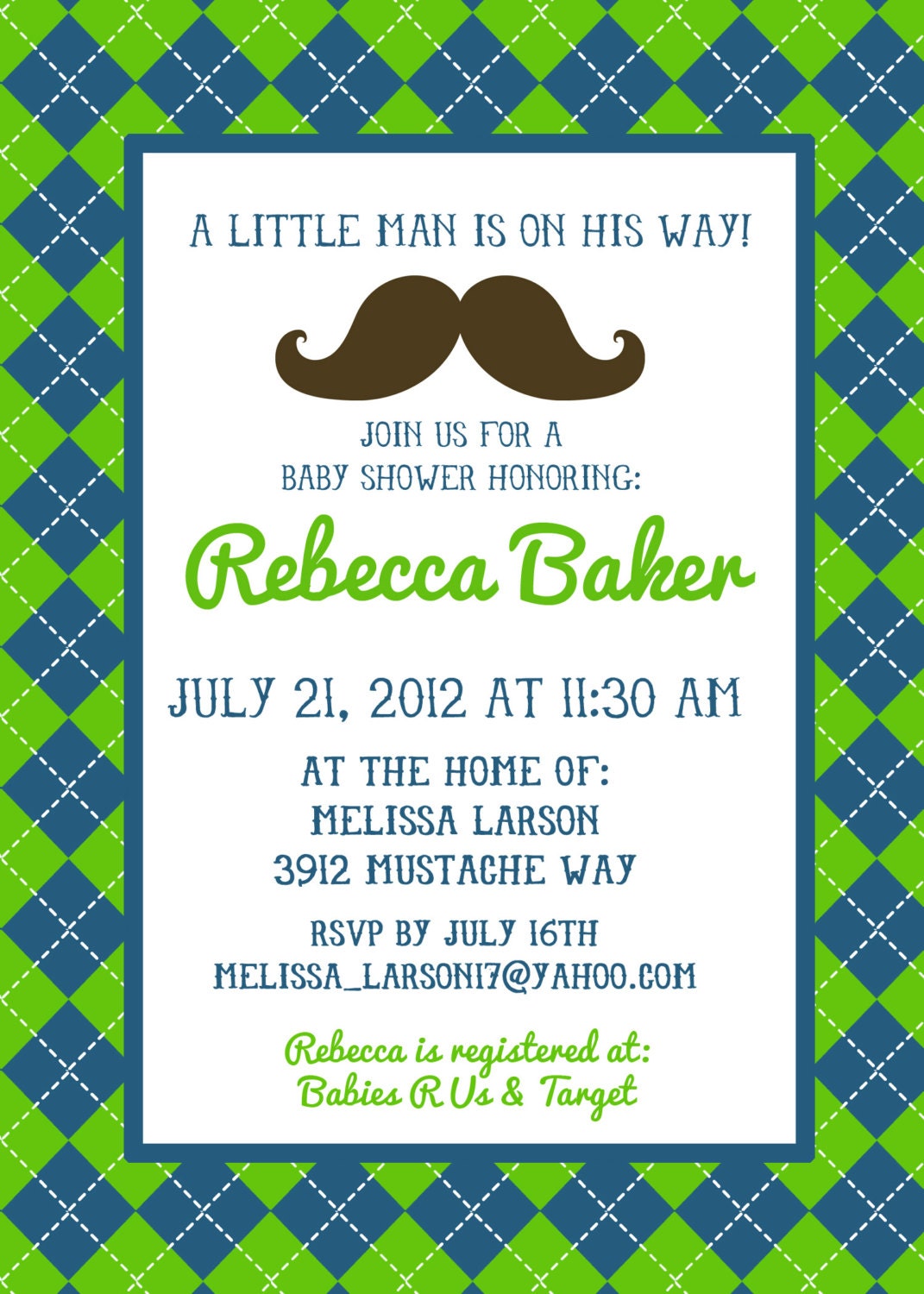 Mustache Bash Baby Shower (or Birthday) Invitation