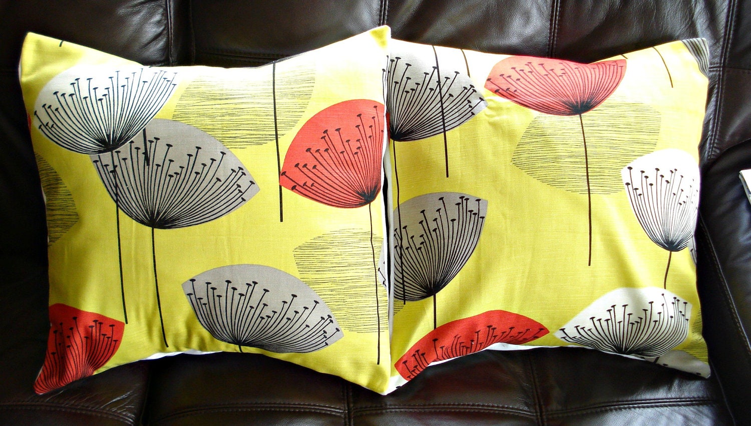 Throw pillows yellow russet red grey gray black dandelion clock design cushion cover shams UK designer fabric  Two 18 inch