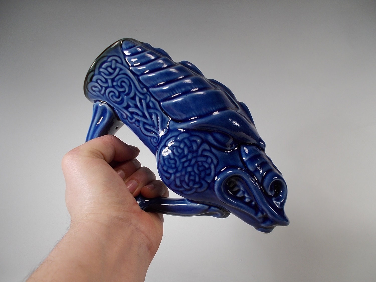 Celtic Dragon Beer mug - Drinking Horn Style - Royal Blue Glaze - 20 oz. -  Great Celtic Wedding cups, Father's Day, Graduation Gift