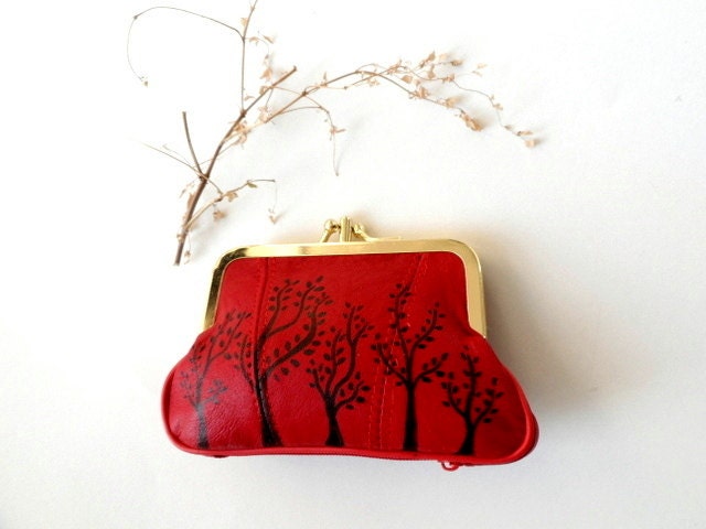 Red Leather Purse, Hand painted trees wallet