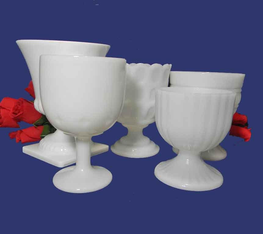5 White Milk Glass Pedestal Vases / Candle Holders / Candy Dishes. Wedding Collection. Ribbed Design. Vintage 3674
