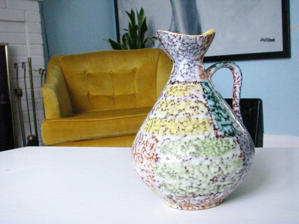 vintage petite West German Color Block Pitcher Vase - turquoise, yellow, orange, lime green