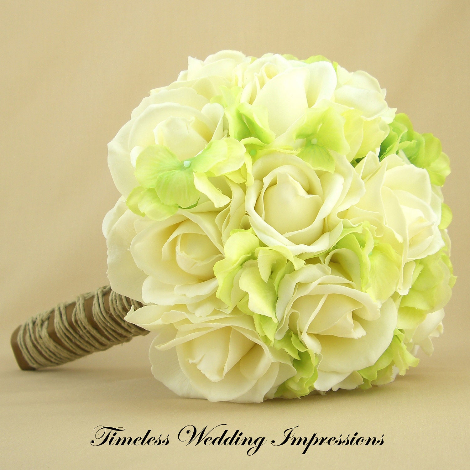 Wedding Bouquet Roses Hydrangea Rustic Twine Real Touch Bridal Flowers White Green