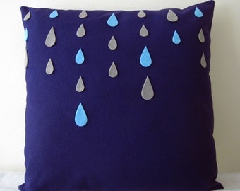 Grey Rainy Days Navy Pillow Cover. Decorative Blue Raindrops. Modern