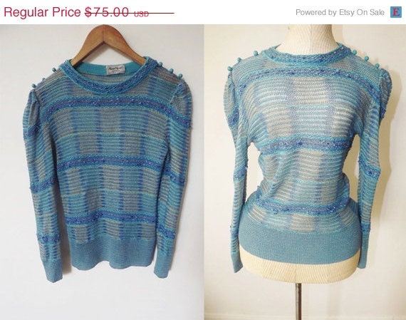 Sale Vintage 1970s Sweater Small/ Albert Nipon Teal Sweater / 70s Teal Blue Sweater