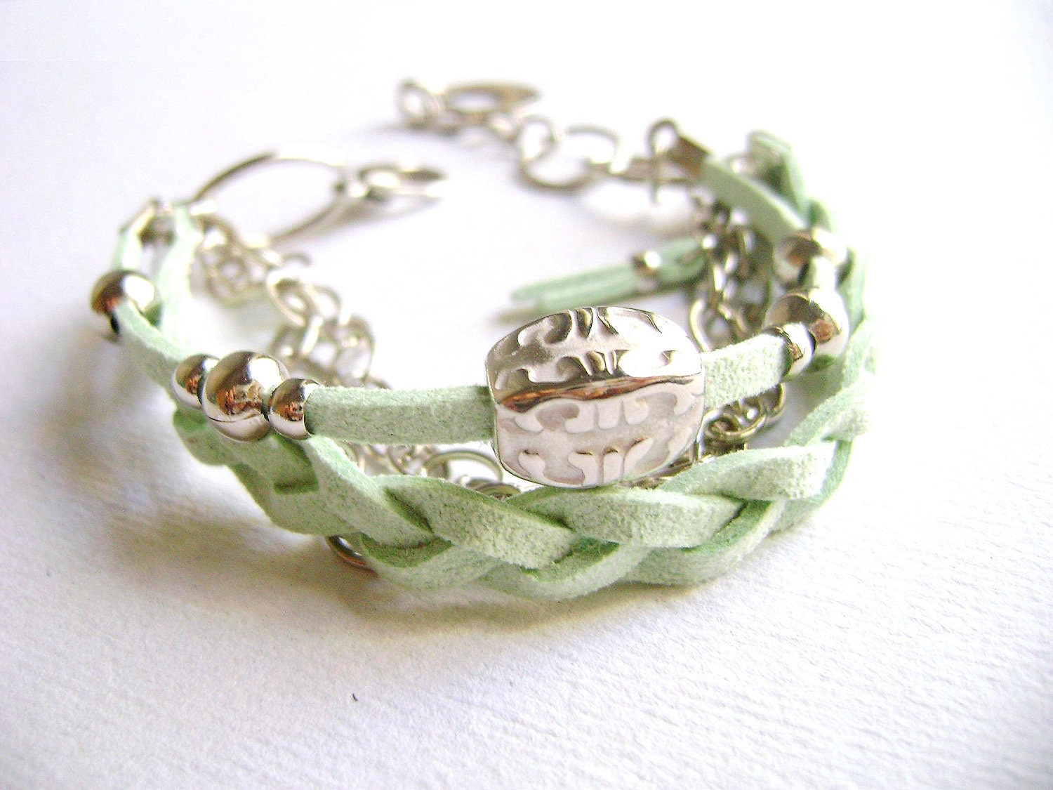 Refresh - soft mint eco suede leather silver chains stacking boho chic bracelet - DivinaLocura
