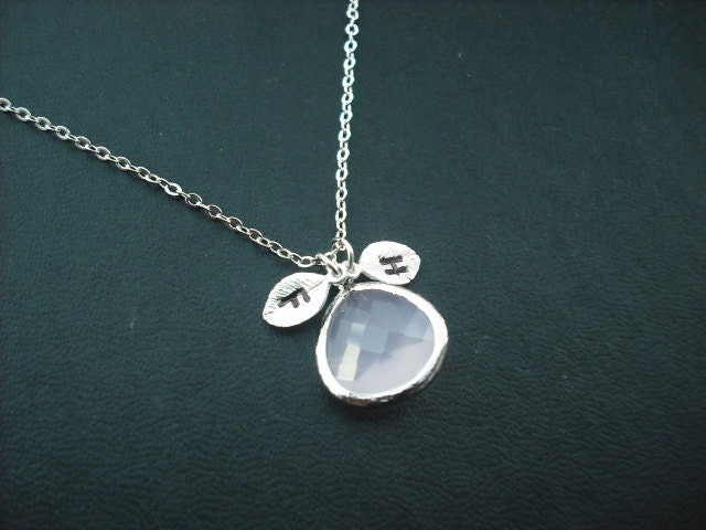 Hand stamped personalized initial necklace - Rose Opal Bezel, Bridesmaids gift, Wedding Gift