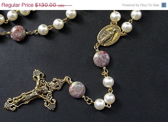 SUMMER SALE - Holy Rosary. Gemstone Rosary in Indian Agate and Glass Pearls. Handmade Rosary Necklace.