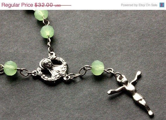 SUMMER SALE - Sea Green Pocket Rosary. Crystal Rosary. Sea Green Rosary with Silver Accents. Handmade Rosary.