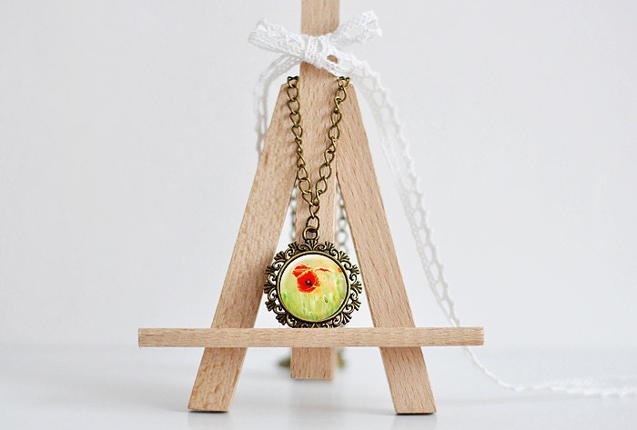 Poppy Photo Pendant Wearable Art, Gift for Her, jewelry antique brass feminine pretty romantic flower