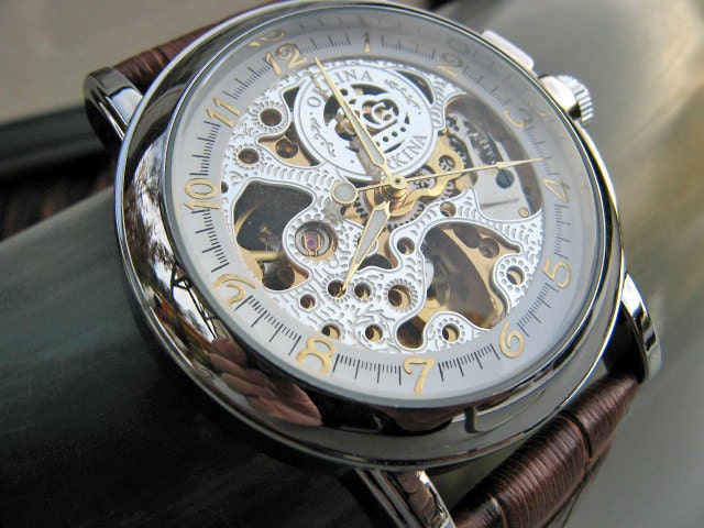 Mechanical Luxury Wrist Watch with Genuine Brown Leather Wristband - Automatic - Victorian Steampunk Era - Groomsmen - Watch - Item MWA57