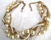 Chunky Pearl Crystal Gold Vintage Wedding Necklace Bridal Pearl Statement Necklace Twisted Pearls - Gold Lining