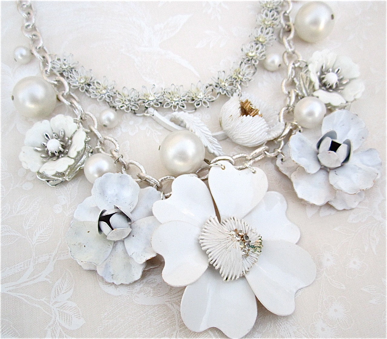 Bridal Statement Necklace Vintage Wedding Bib White Enamel Flower Chunky Repurposed Necklace - Do It The White Way