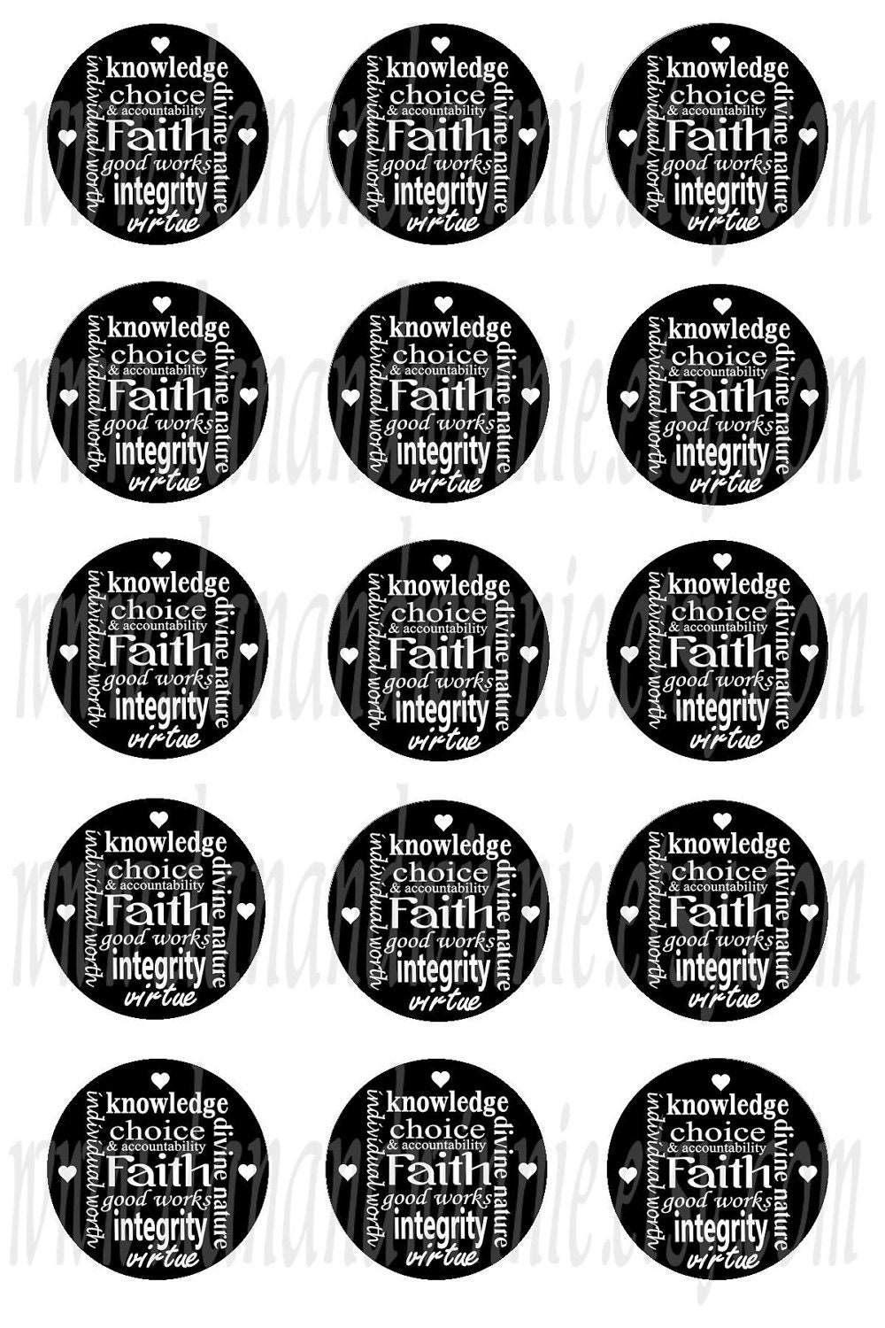 YOUNG WOMEN Values Subway Art B&W 1 inch circles digital graphics image collage sheet, bottle caps, scrapbooking, tags