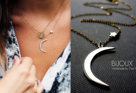 Crescent Moon and Star Necklace - Mixed Metal Necklace - 14K Goldfilled and Silver - "Serendipity" Necklace...