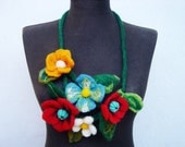 felt necklace summer flowers, fiber art needle felted necklace