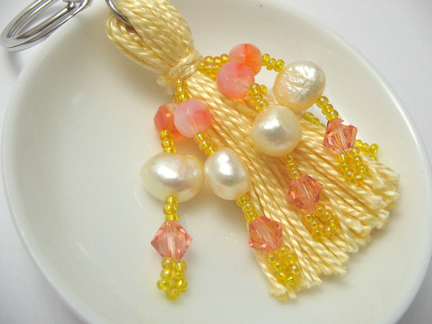 Yellow and Pink Beaded Tassel Keyring with Pearls and Crystals