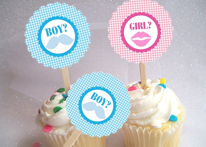 Cupcake Picks, Toppers, Baby Gender Reveal Party, Baby Shower, Lips, Mustache Il_570xn