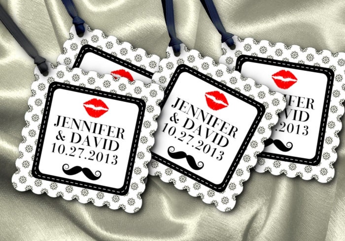 12 Square Favor Tags, Gift Tag, Wedding, Bridal Shower, Rehearsal Dinner, Lips, Mustache Il_570xn