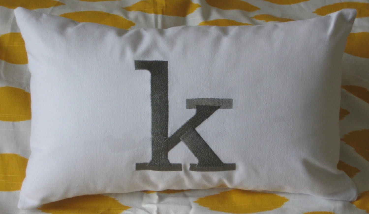 Personalized Initial Pillow Cover 12" x 20" White Cotton Fabric with Gray Embroidery