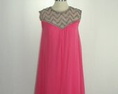 1960s Hot Pink Shift Dress - Sleeveless Pink Silk Chiffon with Silver Beaded Neckline Cocktail Party Frock