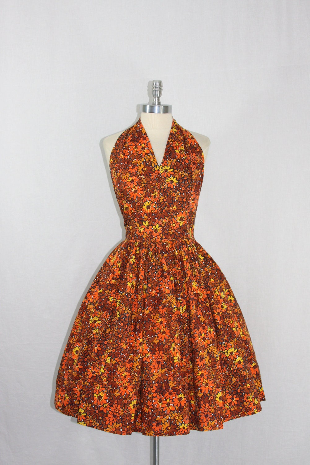 1950s  Halter Vintage Dress - Floral Cotton in Orange Yellow and Brown Full Skirt Party Dress