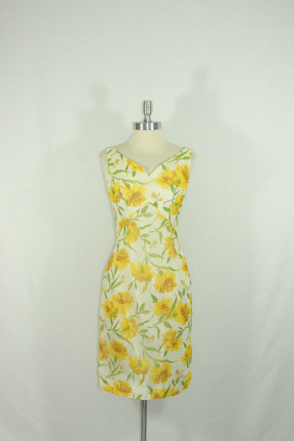 Reserved .........1960's Dress - SILHOUETTE Vintage Yellow Carnation Silk Chiffon Cocktail Party Wiggle Frock