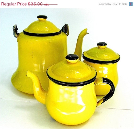 SALE Yellow Enamel Coffee Tea Pot with Cream Pitcher and Sugar Bowl - worldvintage