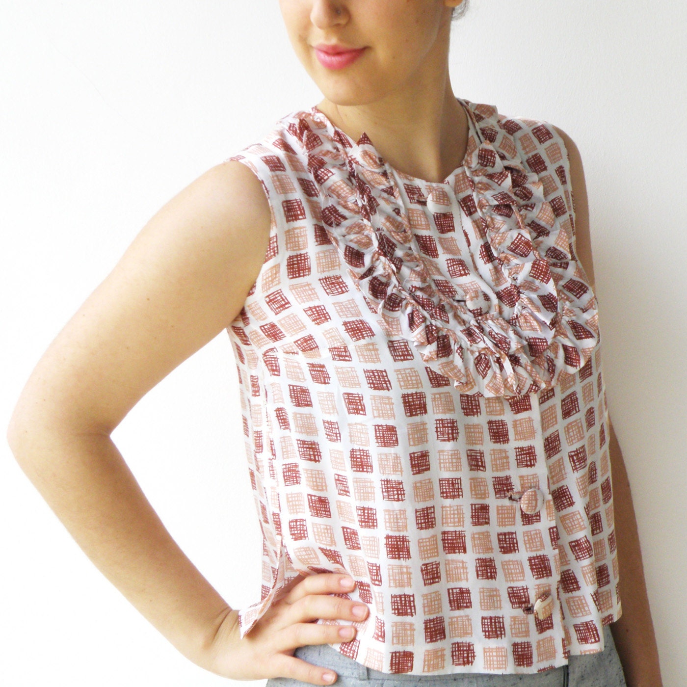 Vintage Brown and Mocha Tuxedo Blouse