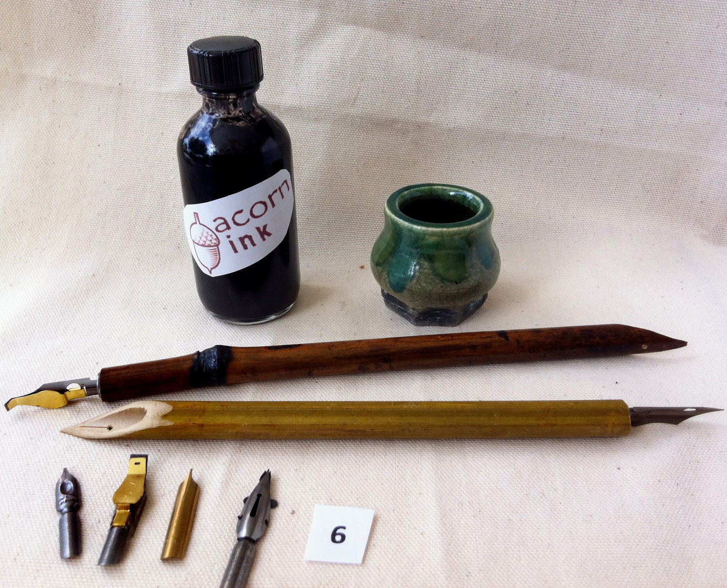 Calligraphy - Drawing Dip Pen set, 6 vintage nibs, 2 handmade double pens, handmade inkwell, and acorn ink.