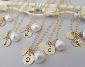 Bridesmaid Gift Set of SIX Personalized Pearl Necklaces, Custom Monogram Heart Initial Charm with Pearl, 14k fill, Bridal Party Jewelry