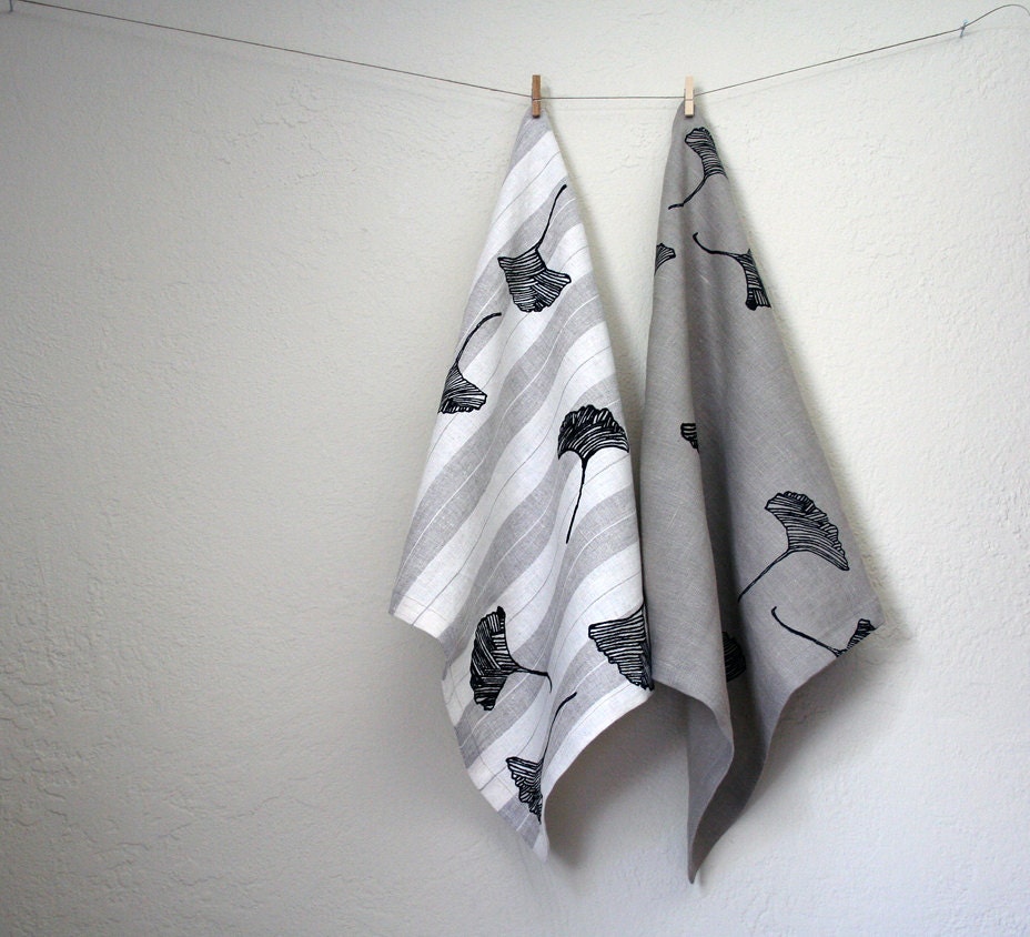 Linen Dinner Napkin. Ginkgo Leaf. Eco Friendly. Natural Neutral. Hand-printed. Handmade. Set of TWO.