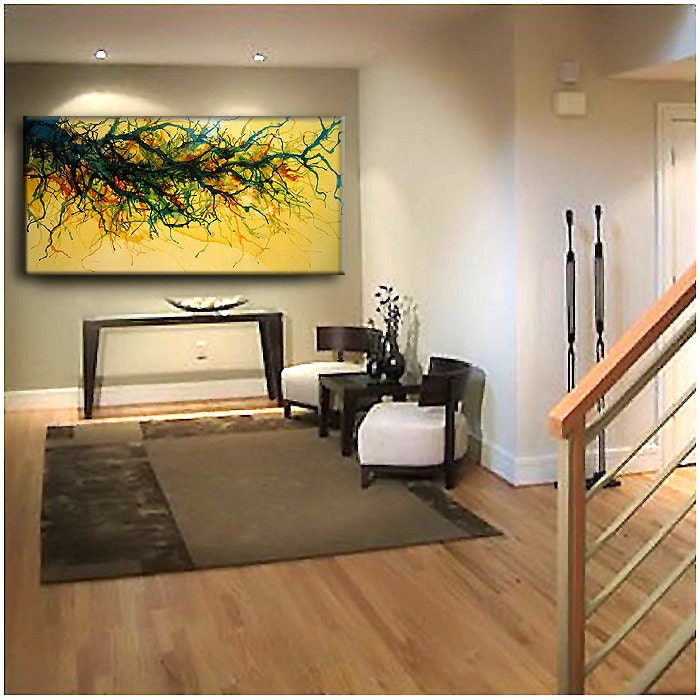 Original Abstract painting, Yellow Brown Green Vine landscape Contemporary, Modern Abstract Fine art By Henry Parsinia Large 48x24
