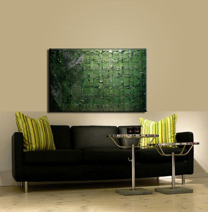 Original Textured Modern Metallic Olive Green Abstract Palette Knife Sculpture Painting by Henry Parsinia 36x24