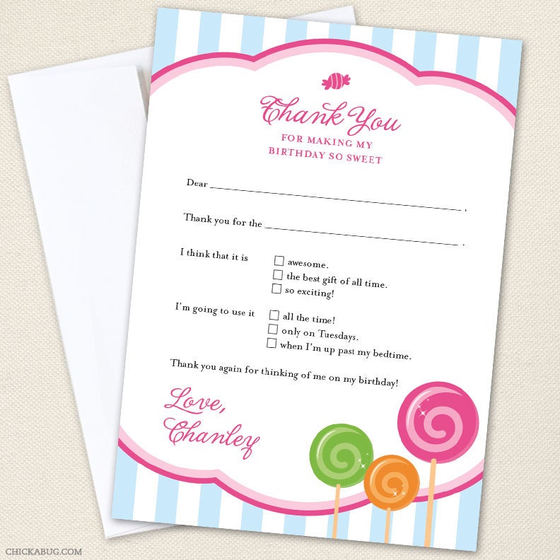 Lollipop party - Set of 15 custom thank you cards - Printable file also available