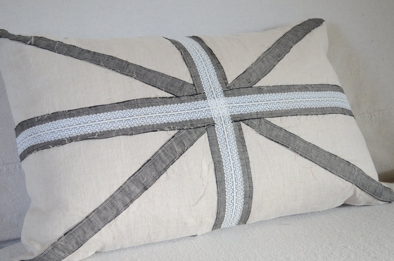 Linen pillow union jack vintage lace