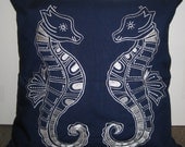 Embroidered Decorative Pillow Cover - Sea Horse - 18" x 18" Navy Blue Pillow with off-white Embroidery (READY TO SHIP)