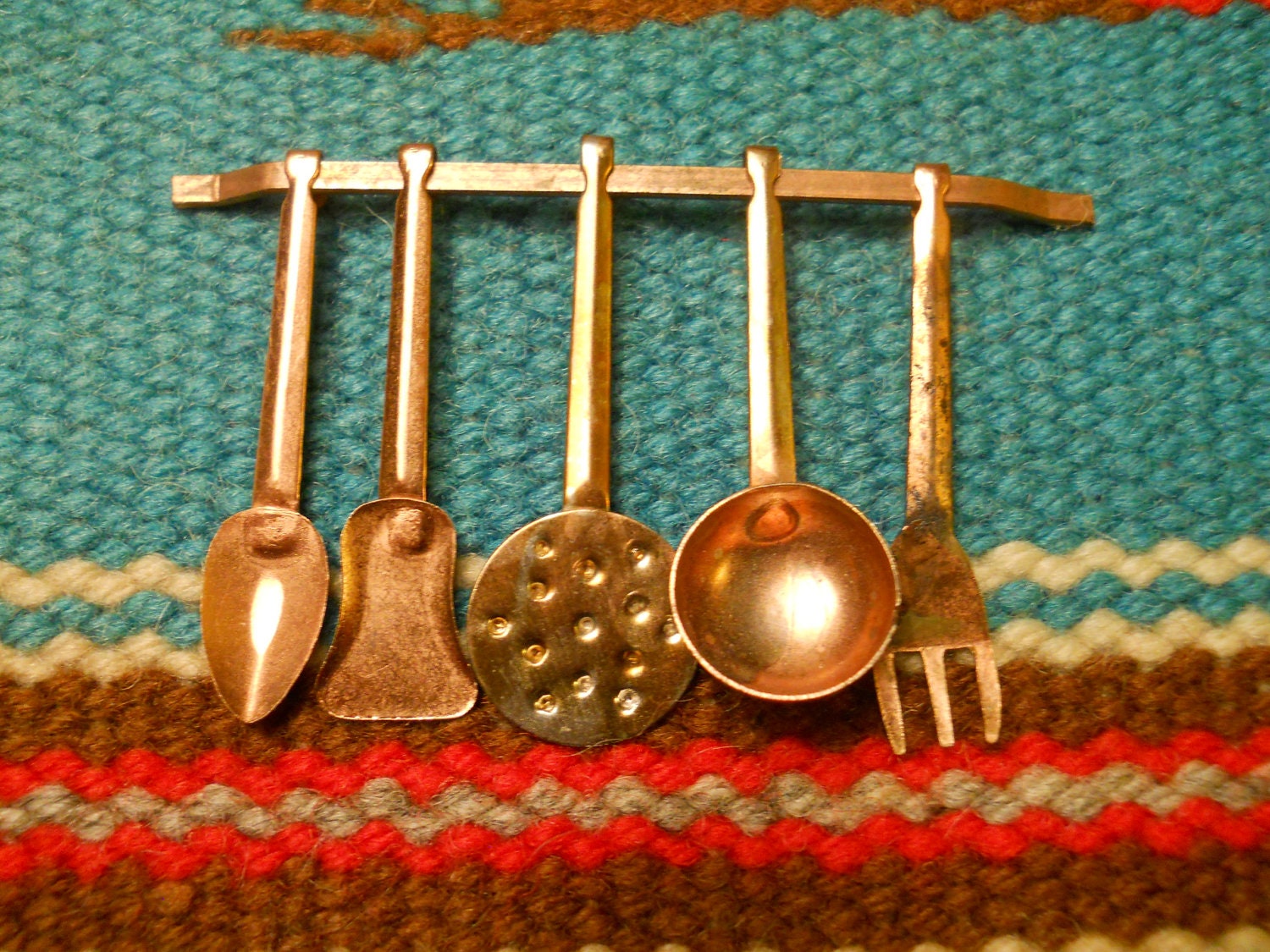 Miniature Vintage Hanging Copper Kitchen Utensils with Wall Rod for Dollhouse