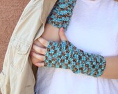 Chocolate Brown and Turquoise Blue Fingerless Gloves for Women, Crochet Arm Warmers, Wrist Warmers, Fingerless Mittens, Hoooked